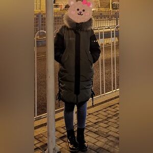 Long Puffer Coat in Olive Green and Black